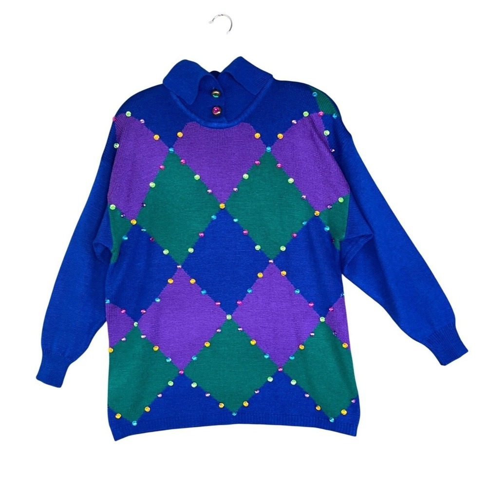 Vtg 80s Argyle Sweater Jewel Rhinestone 2X Purple Green SNL Church Lady Kitschy